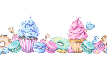 Watercolor seamless border with array of sweets, including cupcakes, donuts, macarons, candies and lollipops. Perfect for party invitations, packaging or kitchen art