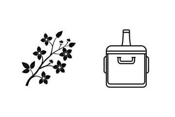 Line Art Of Flower Branch And Portable Cooler Black And White