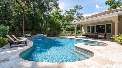 Luxury pool, backyard oasis, tranquil setting, summer relaxation. Real estate, home sale