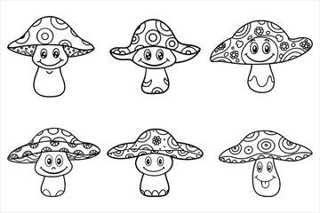 Hippie mushroom with a smiling face and paisley hat in linear doodle style