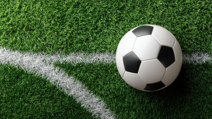 Soccer ball resting on green grass with white line visible from above on the soccer field during daytime