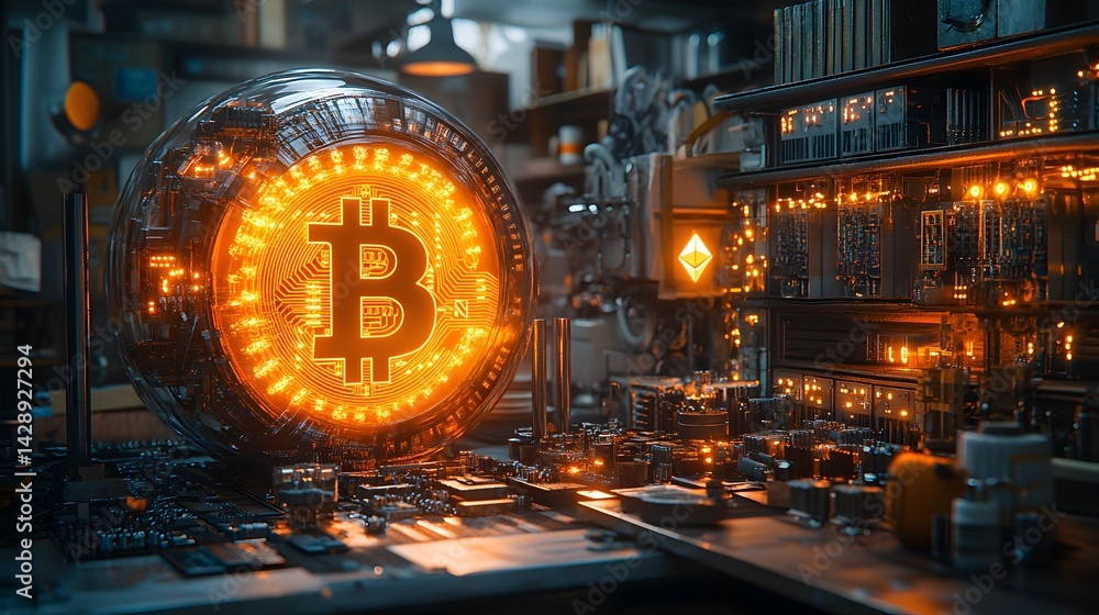 Poster intricate digital sphere displaying a glowing bitcoin symbol amidst a futuristic machine room.