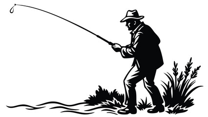 Silhouette illustration of a man fishing with a rod along riverbank artwork