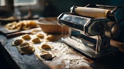 Fresh handmade pasta and a pasta machine on a rustic wooden table, capturing the essence of Italian culinary traditions and homemade goodness.
