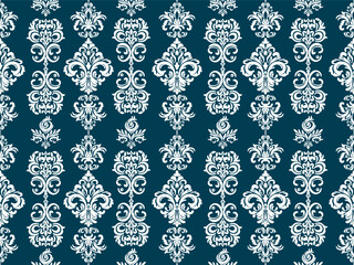 A classic damask pattern featuring intricate white designs on a deep teal background, creating a sophisticated and elegant look.
