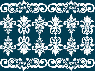 A detailed damask pattern in white on a deep blue background, featuring floral motifs and intricate swirls, ideal for textiles or wallpapers.