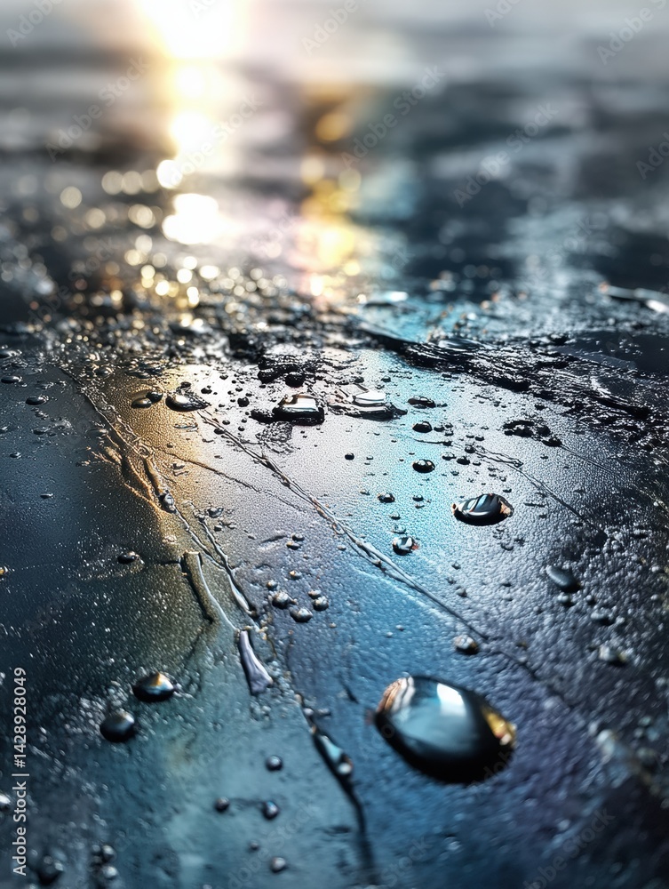 Leinwandbilder Glossy Petroleum Surface With Intricate Textures and Reflections Captured in Close-Up Under Dynamic Light Conditions
