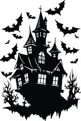 Black silhouette of a haunted house with bats for halloween illustration