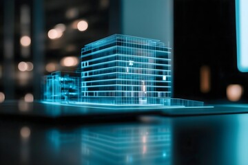 A glowing blue hologram of a modern office building representing futuristic architectural design, digital construction blueprints, and innovative virtual business solutions