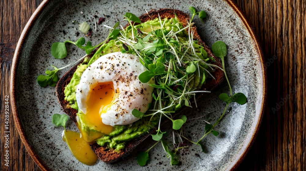 Poster avocado toast topped with a poached egg and microgreens on a rustic plate.