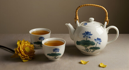 Fototapeta premium Elegant Still Life with Tea Set Lotus Flower Decoration and Warm Lighting