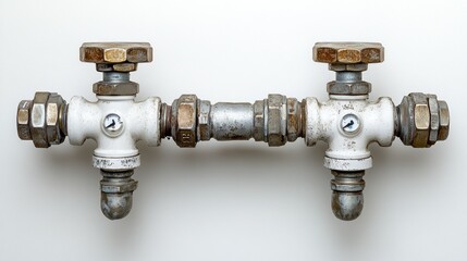 Industrial pipe fitting assembly with two valves and gauges.  Components include pipes, fittings, nuts, bolts, and gauges.  A horizontal configuration on a light background