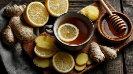 Warm cup of tea with lemon, ginger, and honey on a rustic wooden table.