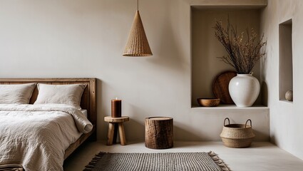 a minimalist and rustic bedroom interior. The layout features a neutral color palette with earthy tones.
