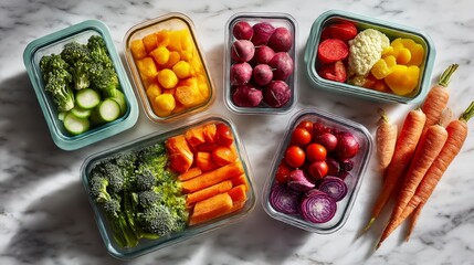 Vibrant assortment of fresh fruits and vegetables in clear containers on a marble surface.