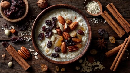A rustic bowl of oatmeal topped with nuts and dried fruits on a wooden surface.