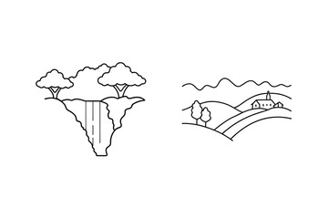 Minimalist Outline Landscape Vector Featuring Waterfall And Hilly Rural Scene