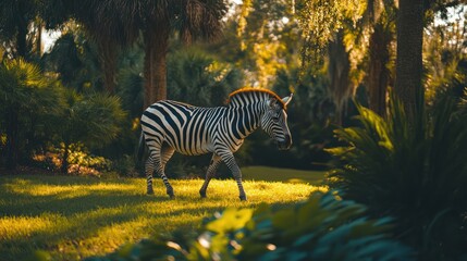 Zebra walking on grassy field in an exotic park, surrounded by tropical vegetation