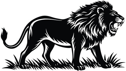 Fototapeta premium Striking black and white lion illustration roaring in the grass vector
