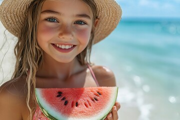 Little girl enjoying watermelon on the beach on a sunny summer day