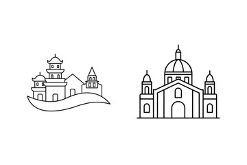 Line Art Illustration Of Pagoda And Cathedral Architectural Landmarks