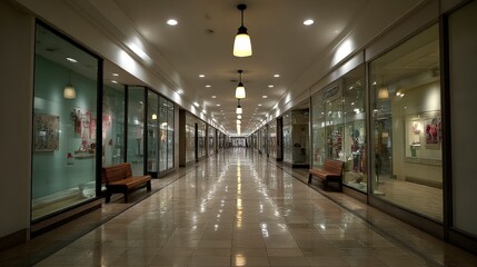 A reflective corridor lined with mirrors and art displays under soft lighting.