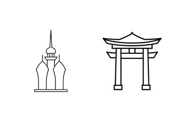 Asian Architecture Line Art Illustration Featuring Pagoda And Temple Gate Structures