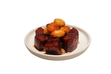 Shanghai-Style Braised Pork Belly (Hong Shao Rou) isolated on white background.      