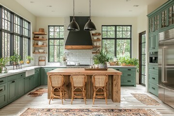 Modern open kitchen with white oak floors, sage green cabinets, wood island table, wicker back chairs, black steel chandelier, moorish tile backsplash, vintage rug.