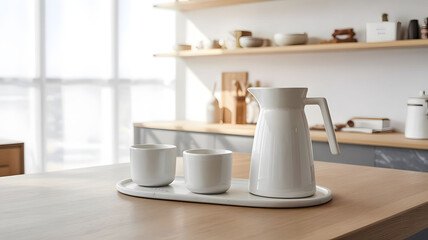 Minimalist White Ceramic Coffee Set on Light Oak Kitchen Counter