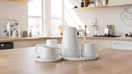 Minimalist White Ceramic Coffee Set on Light Oak Kitchen Counter