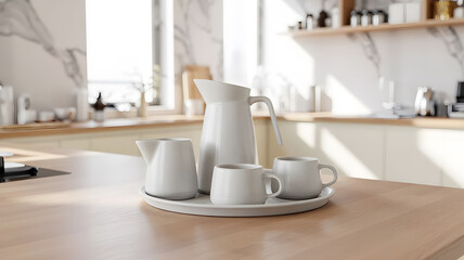 Minimalist White Ceramic Coffee Set on Light Oak Kitchen Counter