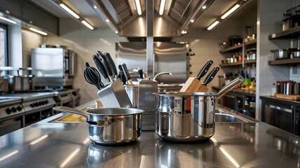 Professional Stainless Steel Chef’s Tools in Industrial Kitchen High-End Culinary Equipment