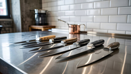 Professional Stainless Steel Chef’s Tools in Industrial Kitchen High-End Culinary Equipment