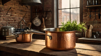 Vintage Copper Cookware on Rustic Wooden Table Farmhouse Kitchen Essentials