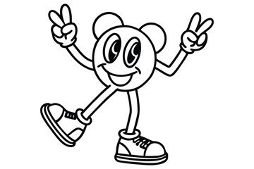 Simple line art peace sign character with dancing legs and retro shoes