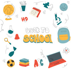 Back to school template design with colorful line art icon of stationery and typography