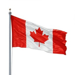 A waving canadian flag with a red maple leaf on a white background on a metal pole outdoors