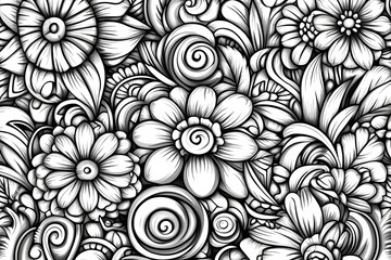 Fototapeta premium Intricate Monochrome Floral Doodle Seamless Pattern