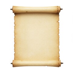 A close up of an old parchment scroll with wooden handles on a plain white isolated background view