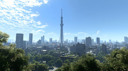 Fototapeta premium Pixelated Cityscape Panorama With Tower And Trees