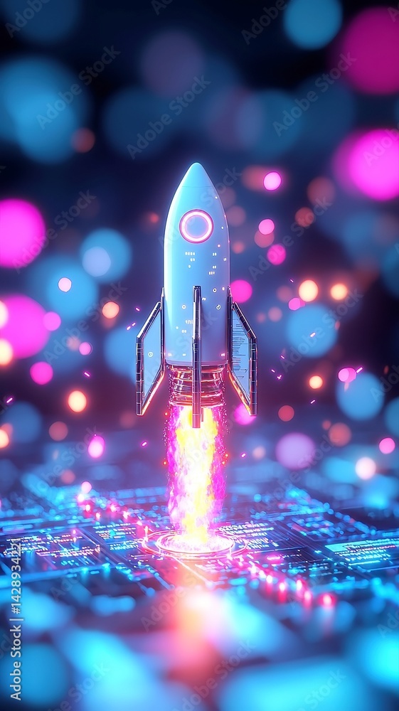 Poster cyberpunk rocket launch symbolizing startup valuation soaring to new heights, surrounded by floating