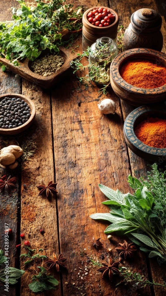 Poster a rustic display of spices and herbs on a wooden table, creating a warm, inviting atmosphere.