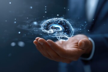 Human hand holding digital brain