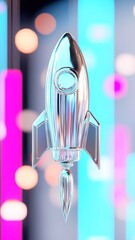 Financial growth concept featuring a chrome rocket soaring upward, symbolizing high-frequency trading data in dynamic motion, set against a clear backdrop.