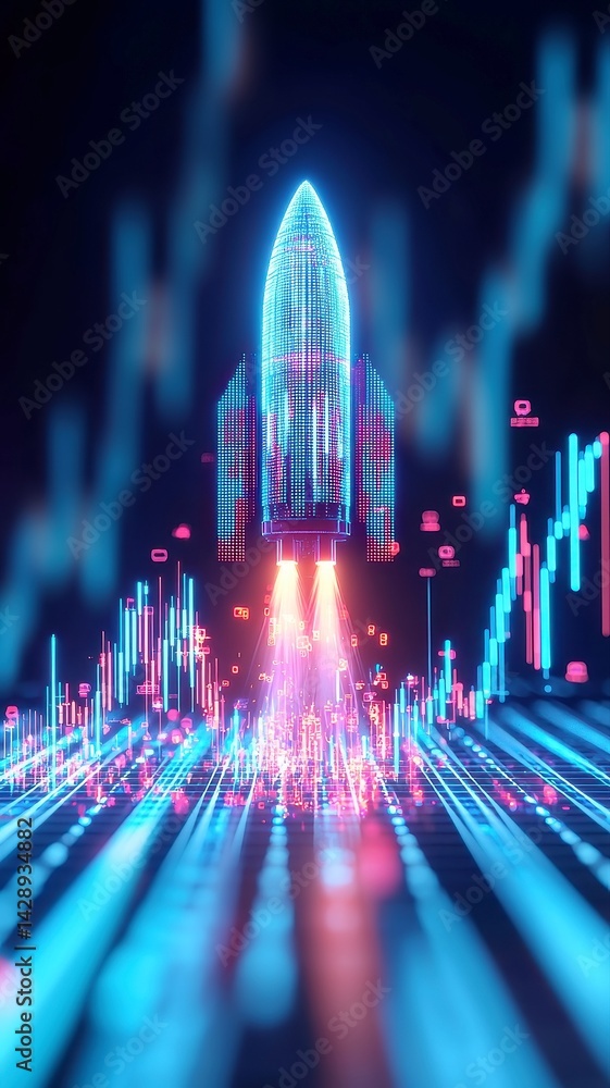 Poster digital rocketship soaring through the financial cosmos, trailing vibrant stock metrics and colorful