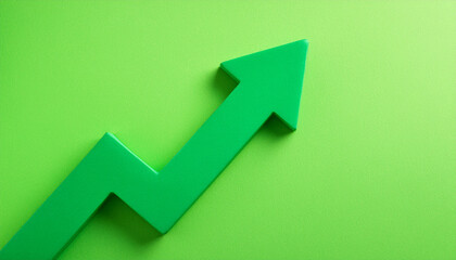 Green arrow pointing upwards, green background. Business and market growth concept.