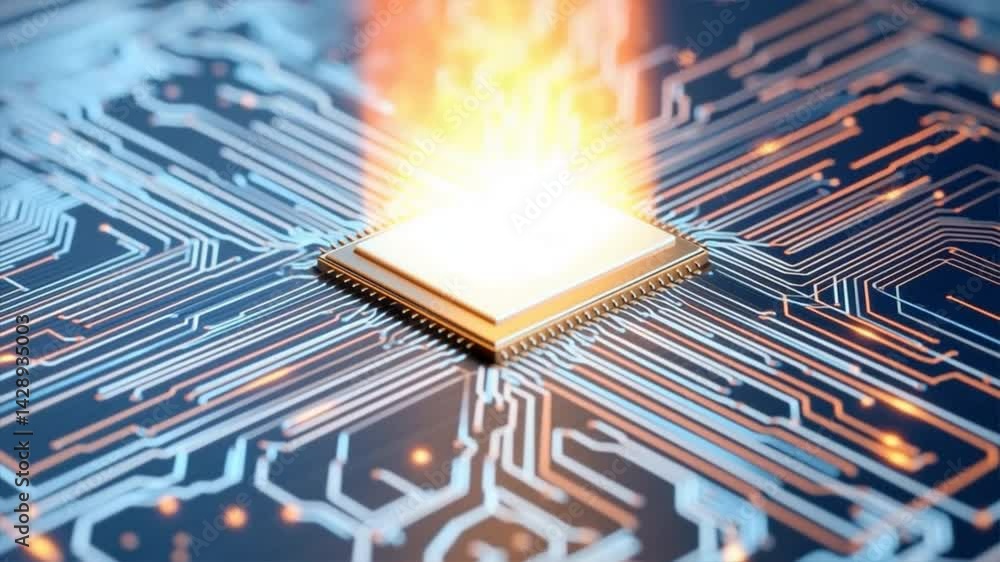 Poster abstract image of a microchip with fiery effects, representing technology and innovation in modern e