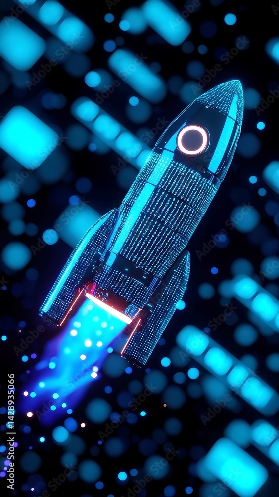 Poster digital odyssey, a surreal rocket composed of numbers and code soars through an expansive void fille