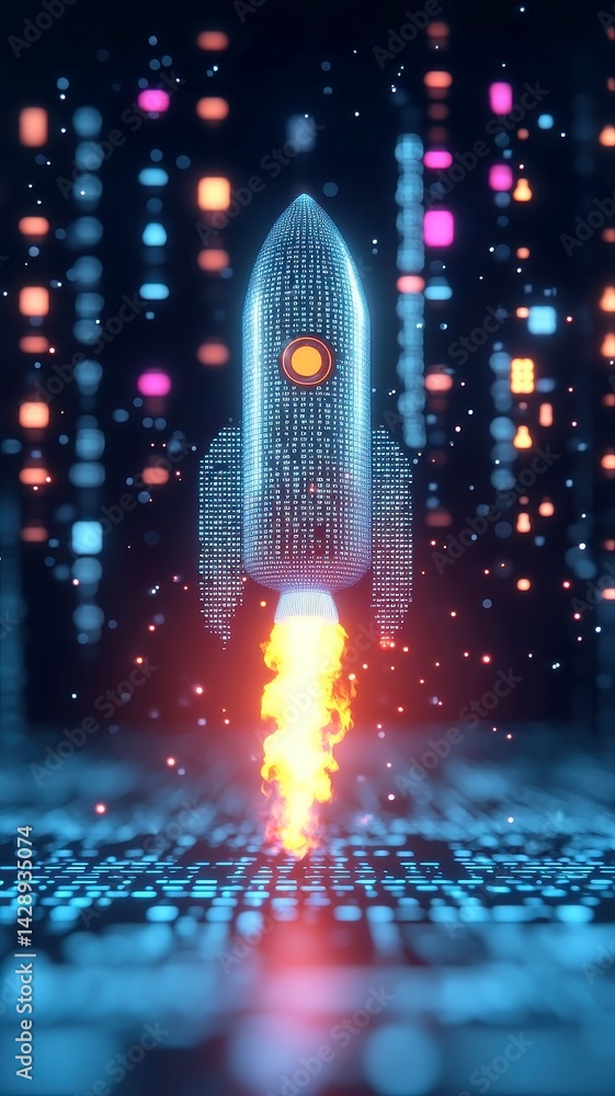 Poster surreal rocket of numbers and code soaring through a cosmos of analytics dashboards and graphs, blen